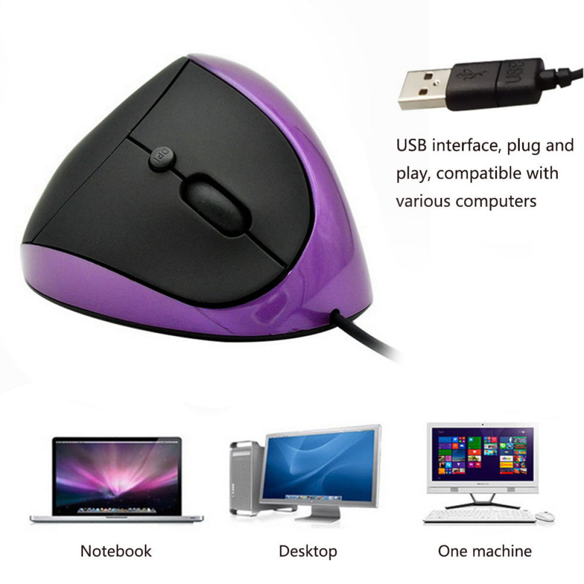 Lila-schwarze Maus mit USB-Kabel und Beispiele für Computer. Weißer Hintergrund.