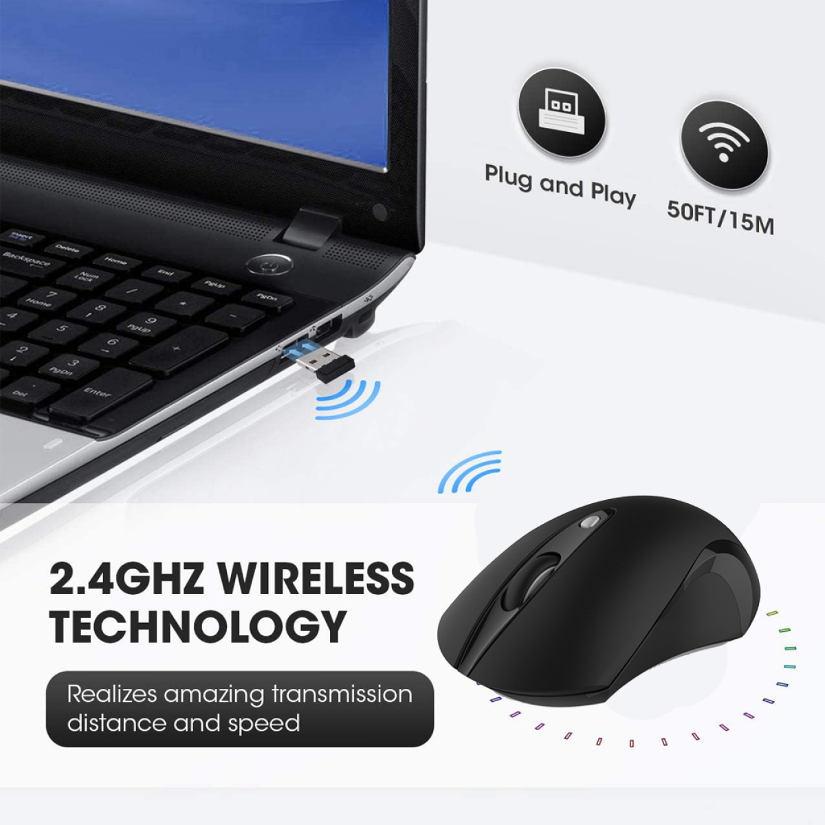 Schwarze kabellose Maus mit USB-Empfänger an einem Laptop und Symbolen. Schwarz-blaues Design.