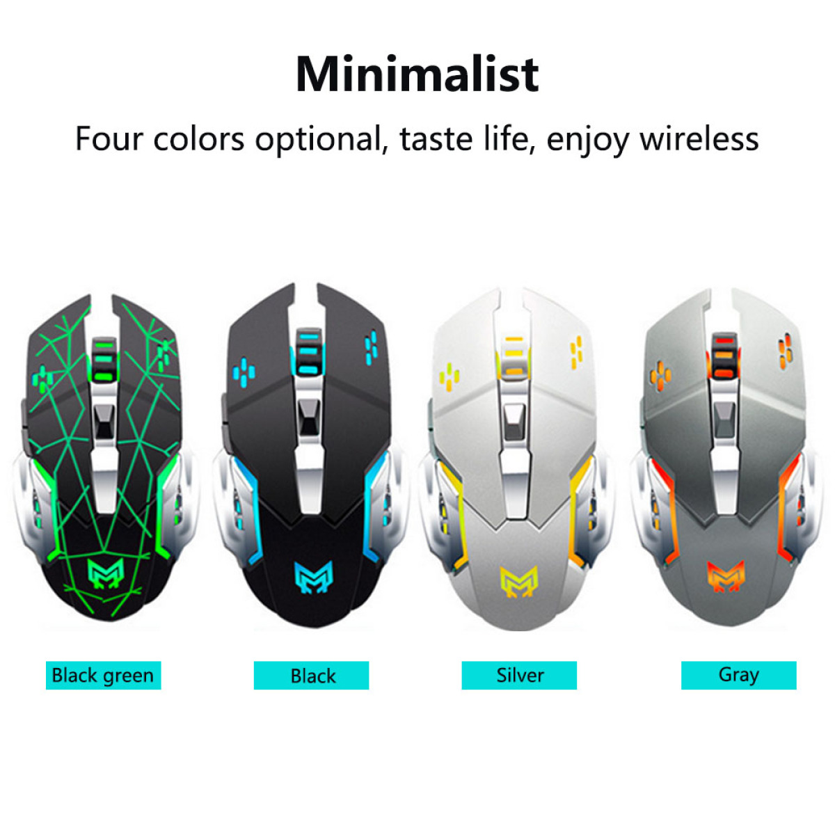 Vier Gaming-Mäuse: Schwarzgrün, Schwarz, Silber und Grau. Text: 'Minimalistisch, Vier Farben optional'.