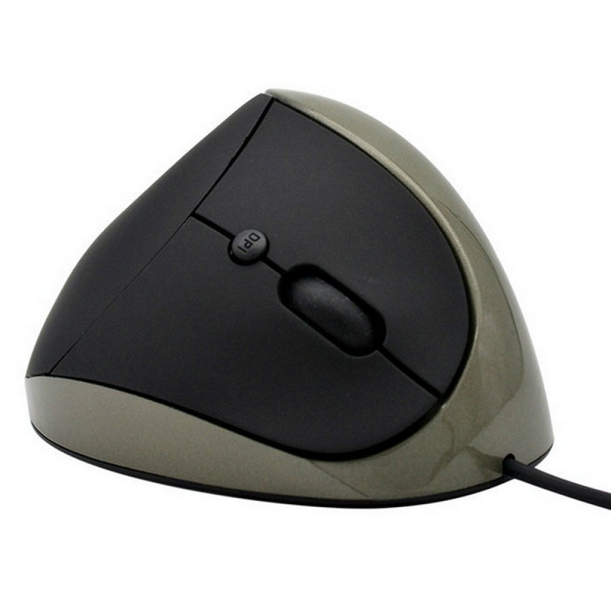 Eine ergonomische Computermaus. Sie ist schwarz und grau und hat eine DPI-Taste. Die Maus ist kabelgebunden.