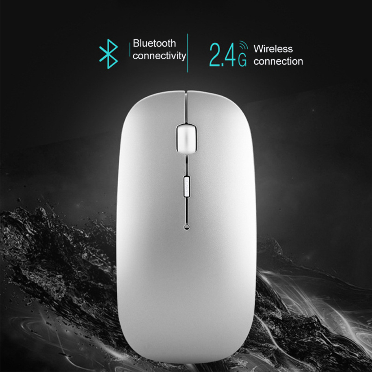 Eine silberne kabellose Maus mit Bluetooth- und 2,4G-Funktionen auf dunklem Hintergrund.