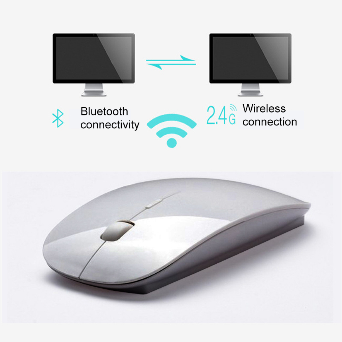 Silberne Maus, mit blauen Bluetooth- und Wireless-Konnektivitätssymbolen. 2.4G Wireless connection Text.