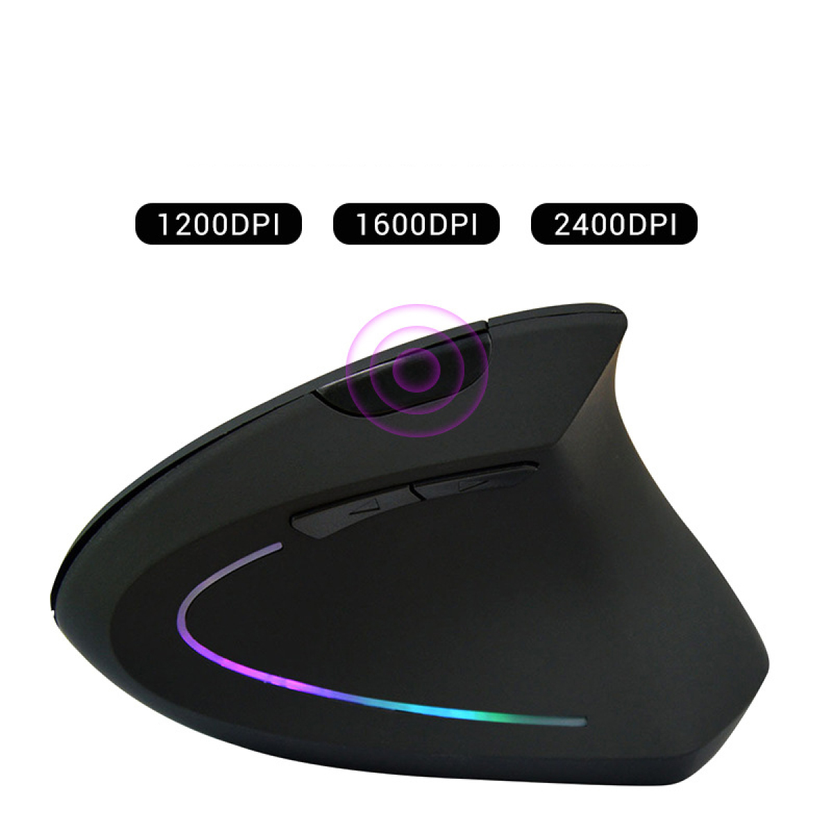 Schwarze ergonomische Maus mit DPI-Einstellungen. LED-Licht unten. Textlabels: 1200DPI, 1600DPI, 2400DPI.