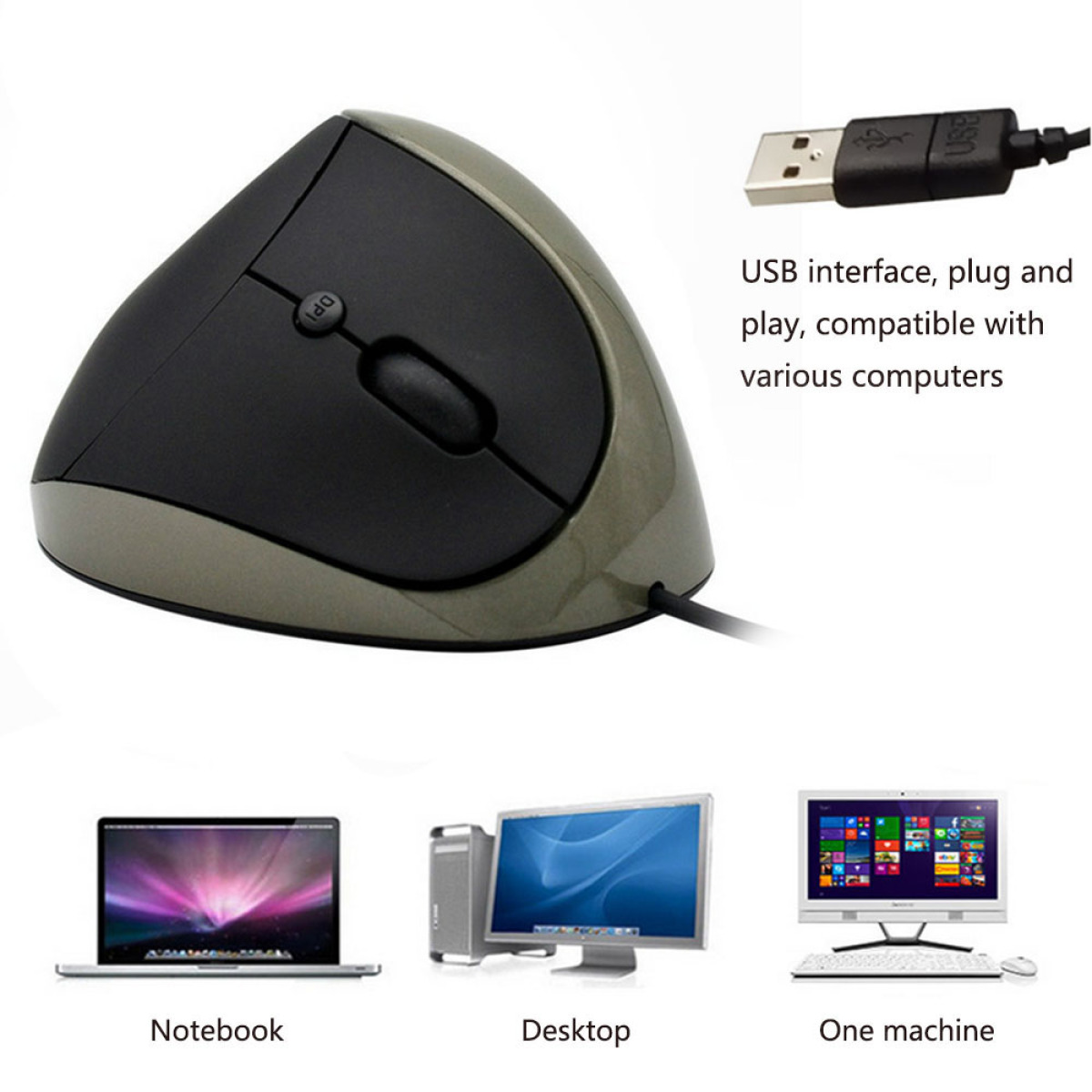 Eine ergonomische Maus mit USB-Kabel und verschiedenen Computern: Laptop, Desktop und All-in-One-Gerät.