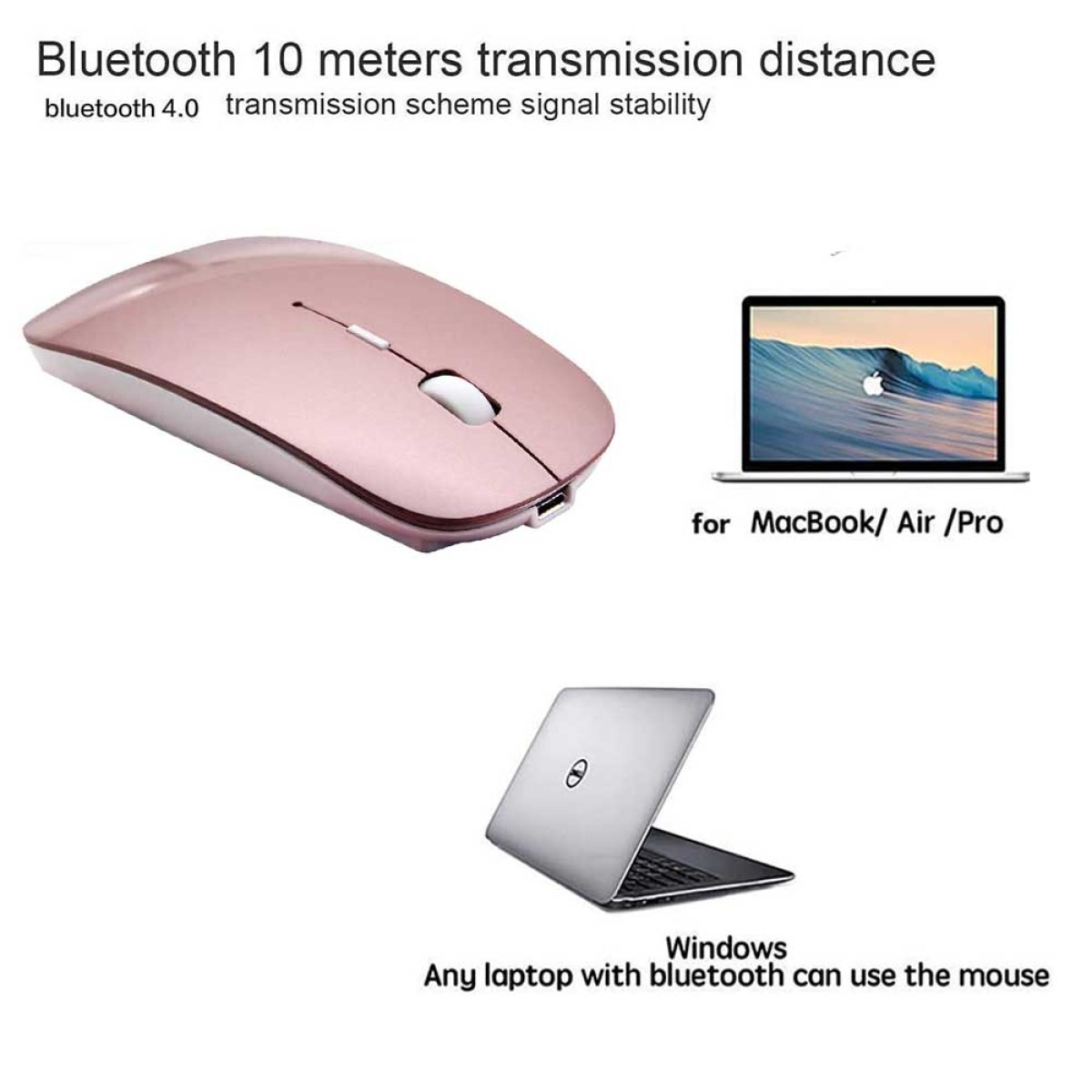 Roségoldene Maus mit Laptop und Text: Bluetooth 10 Meter Übertragungsentfernung.