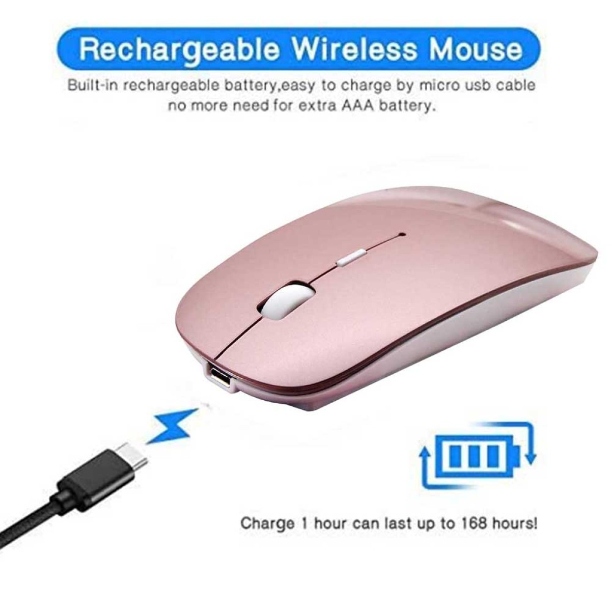 Eine roségoldene kabellose Maus, ein USB-Kabel und ein Batteriesymbol auf weißem Hintergrund.