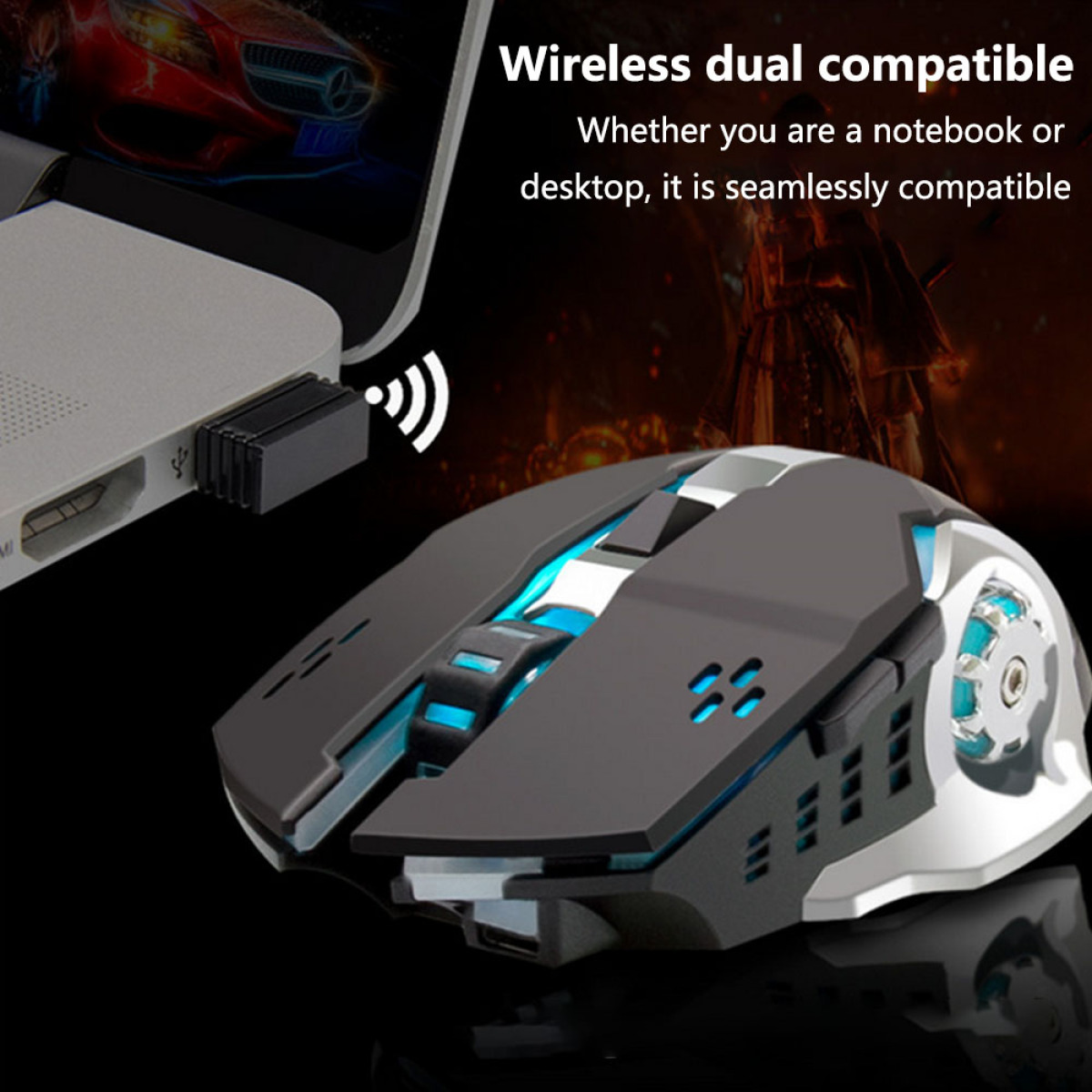 Schwarze und blaue Gaming-Maus, verbunden mit einem Laptop, Wireless-Adapter.