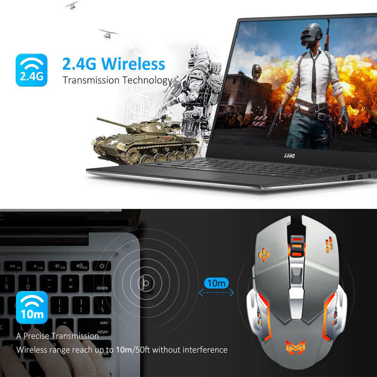 Laptop mit drahtloser Maus, Panzer und Soldatenbild. Symbol für drahtlose Technologie. Hintergrund enthält Flammen.