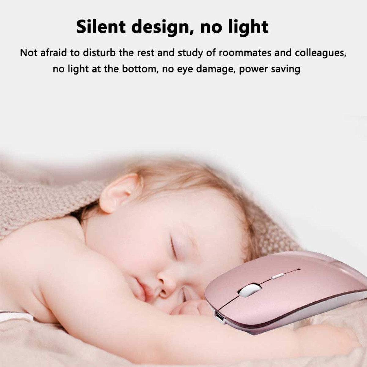 Ein schlafendes Baby und eine rosa kabellose Maus. Text: Silent design, no light.