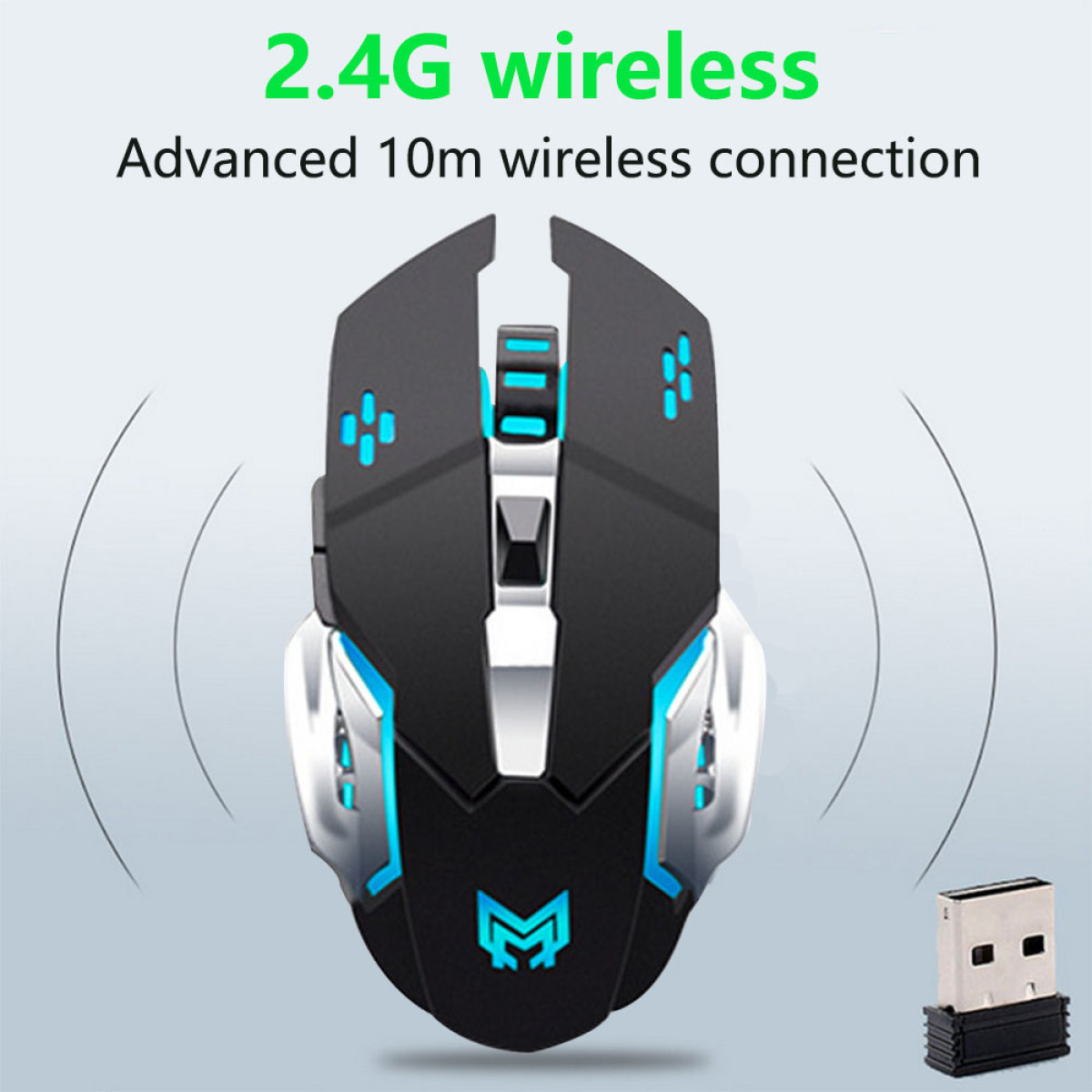 Schwarze und blaue drahtlose Maus mit USB-Empfänger. Text sagt 2.4G wireless und Advanced 10m wireless connection.