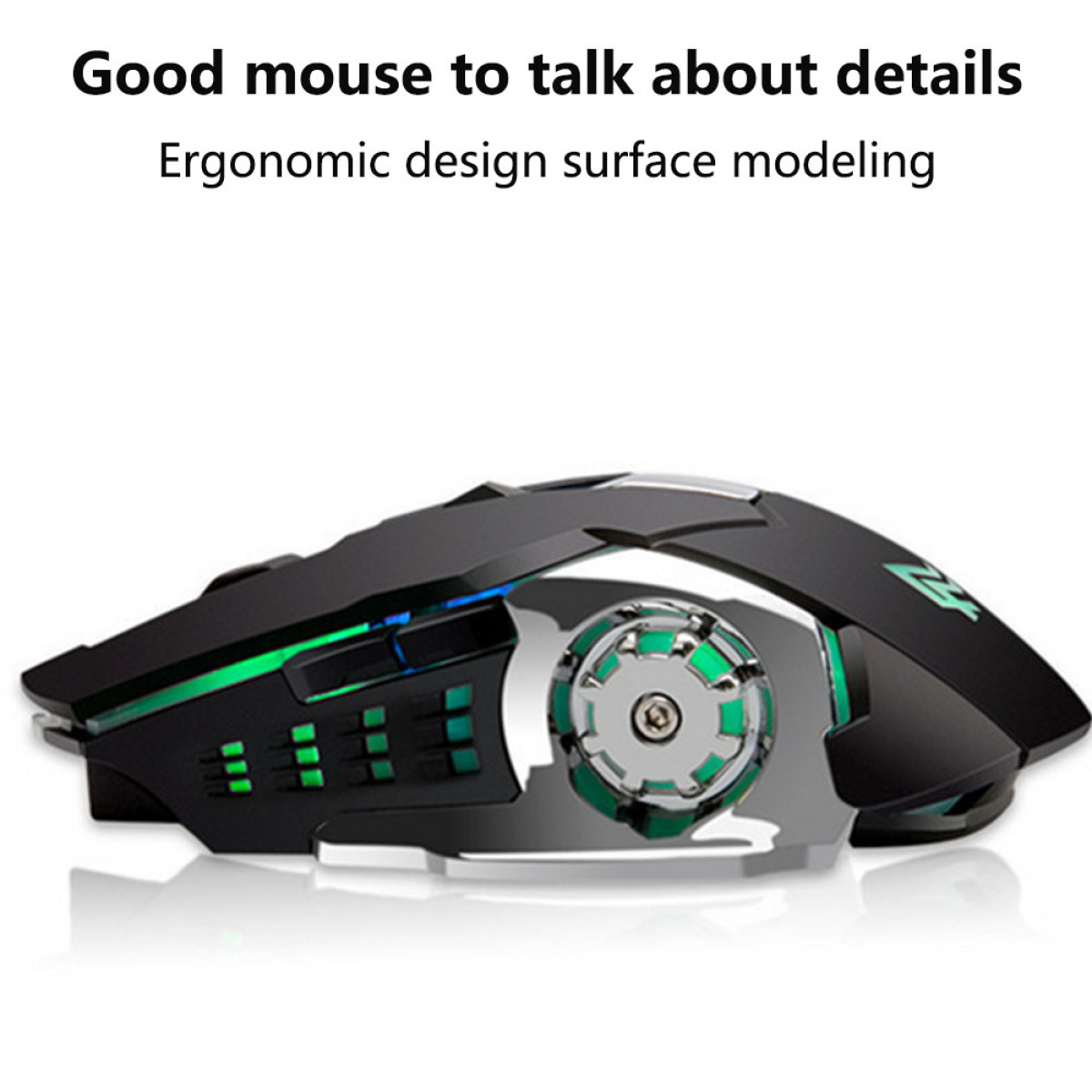 Schwarze und silberne Gaming-Maus mit grünen und blauen Lichtern. Die Maus ist ergonomisch.