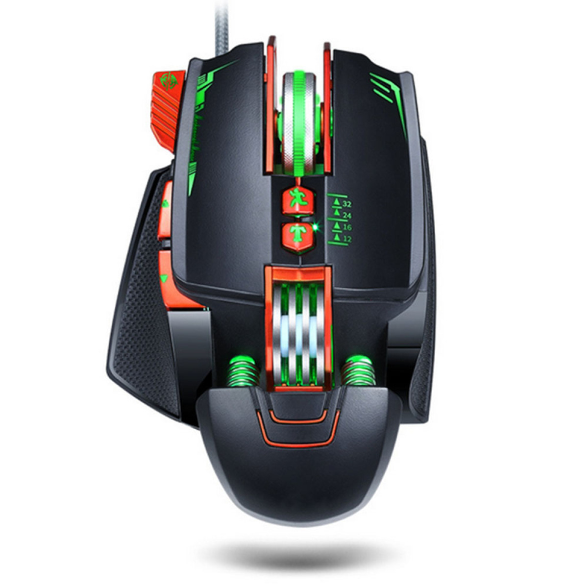 Draufsicht auf eine schwarze Gaming-Maus mit grünen und orangen Akzenten auf weißem Hintergrund.
