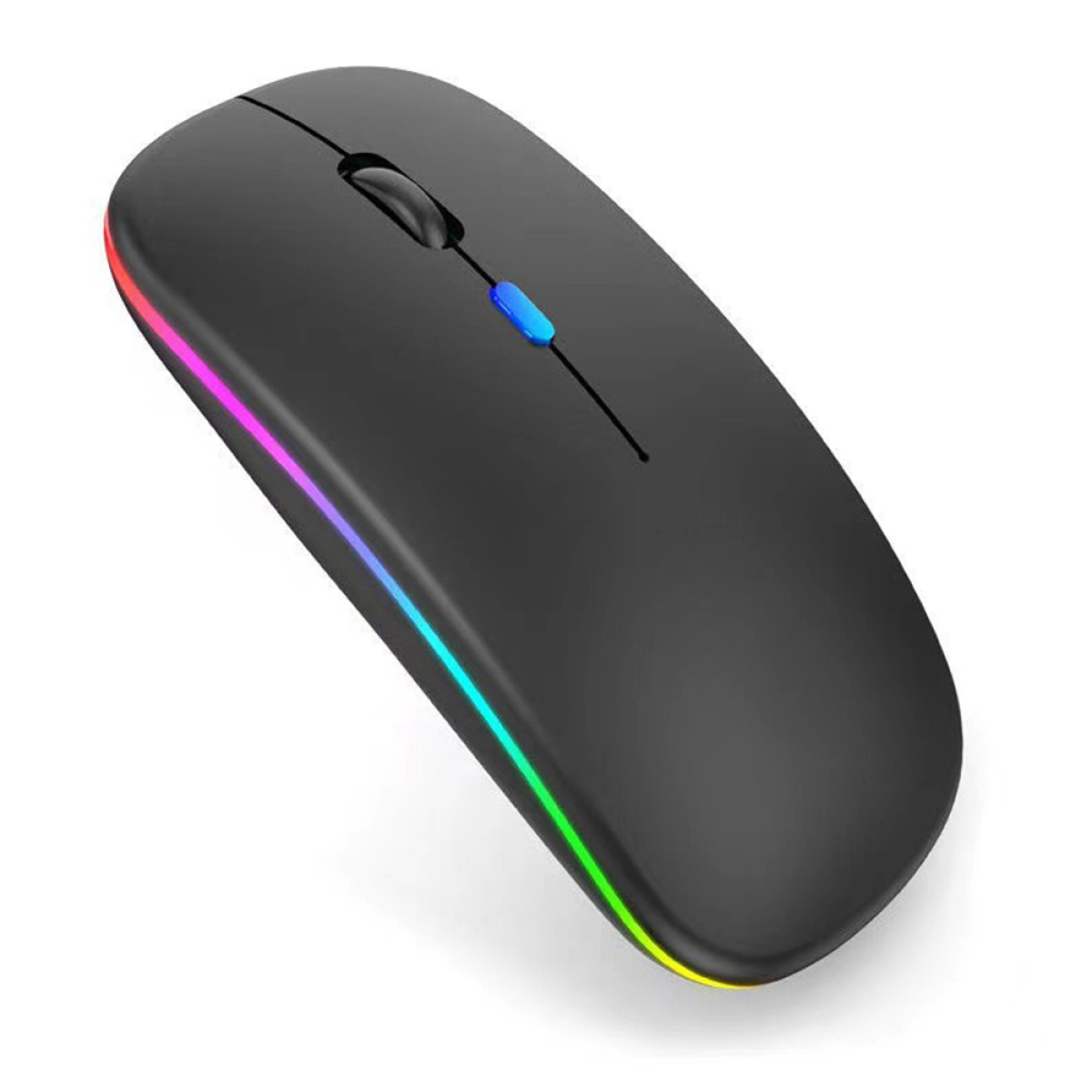 Schwarze, kabellose Maus. Sie hat einen LED-Lichtstreifen in Regenbogenfarben und eine blaue Taste.