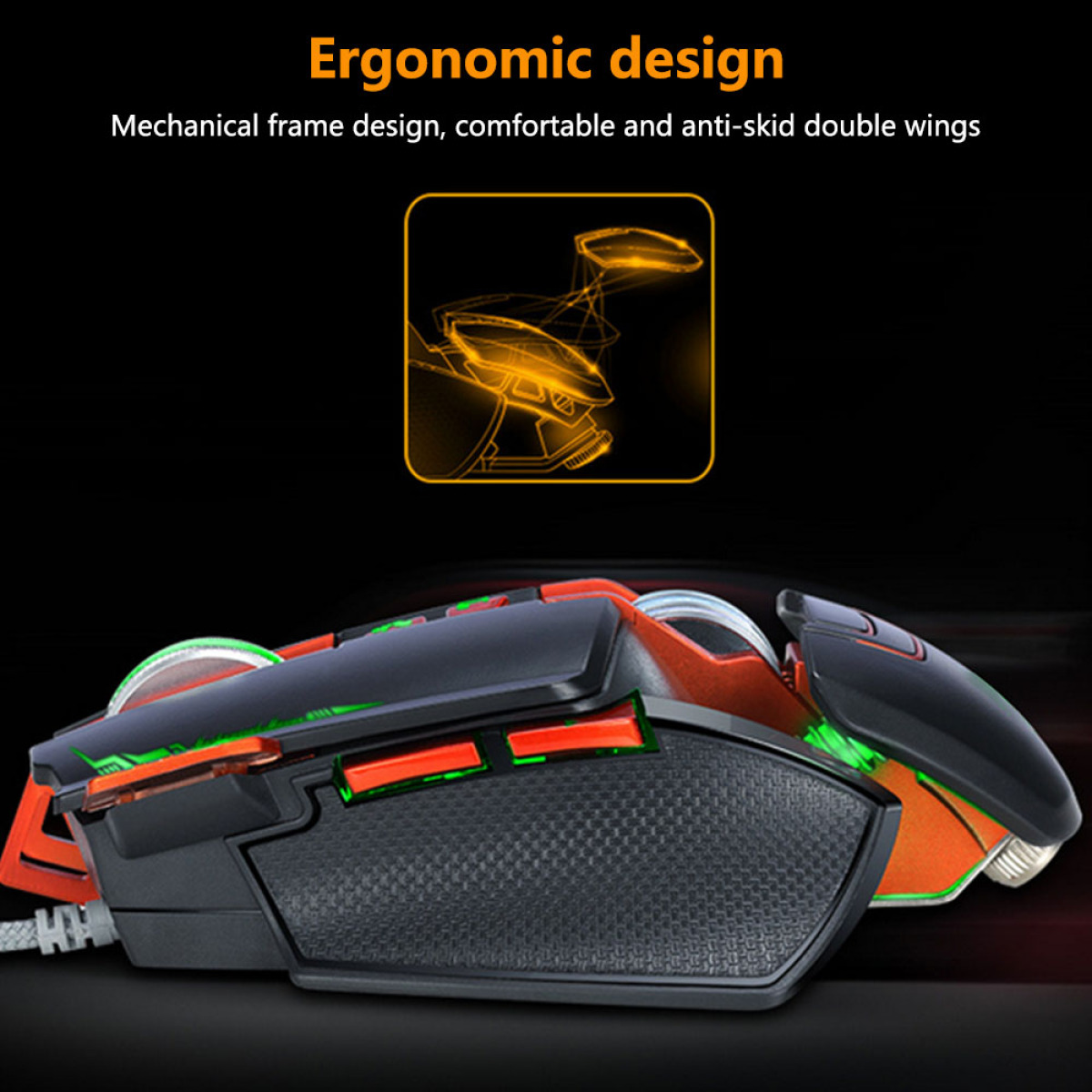 Gaming-Maus mit roten und grünen Lichtern, ergonomischem Design, schwarz und orange.