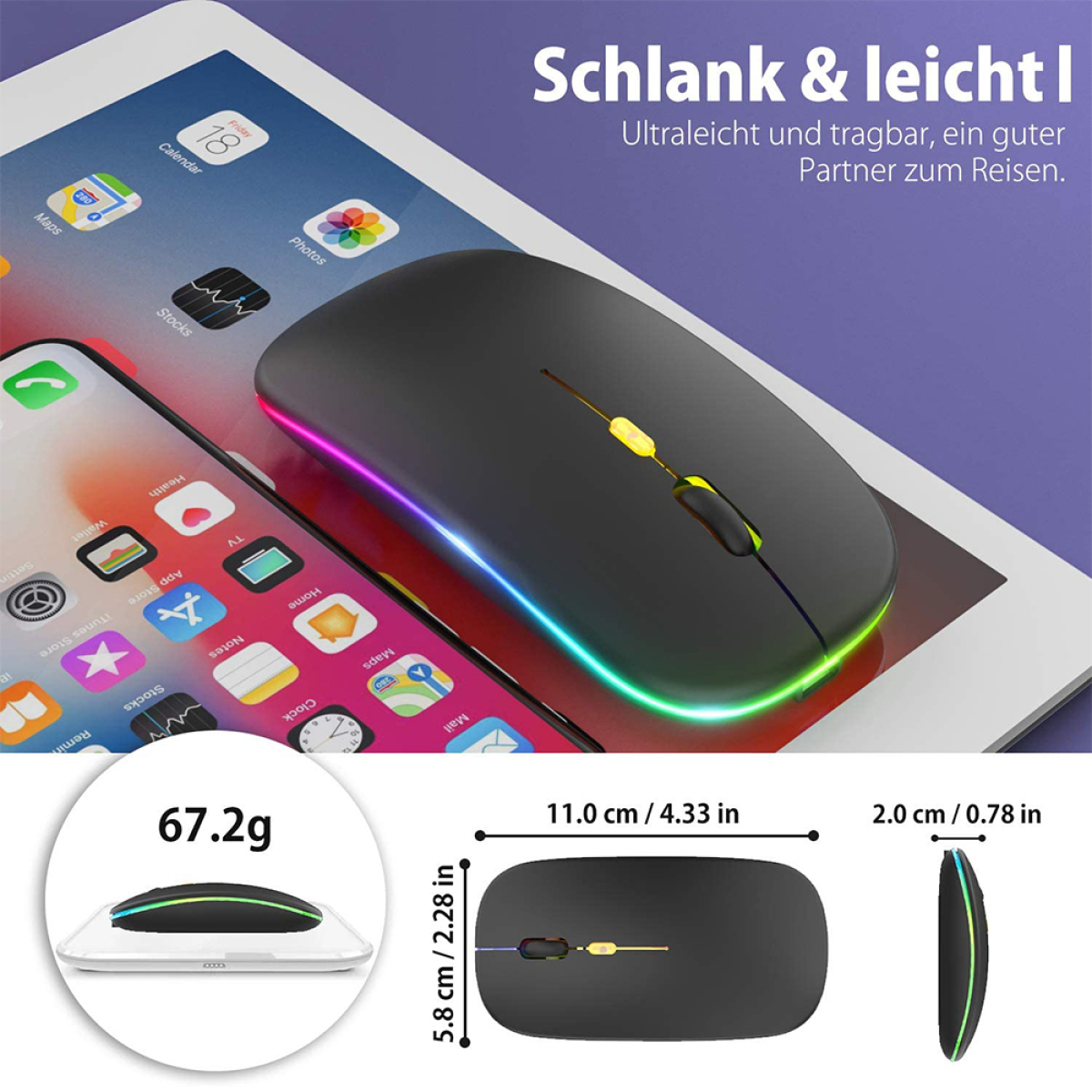 Schwarze kabellose Maus mit farbigen Lichtern auf einem weißen Tablet und einem Telefon.