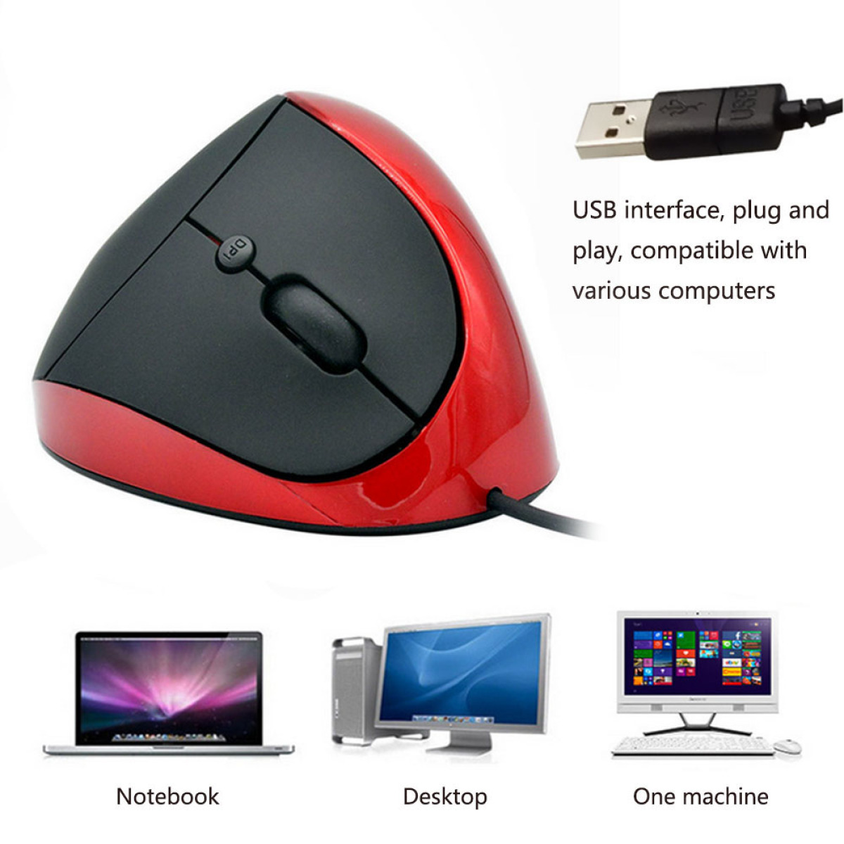 Eine rot-schwarze ergonomische Maus. Das Bild zeigt ein USB-Kabel und drei Computerbildschirme.
