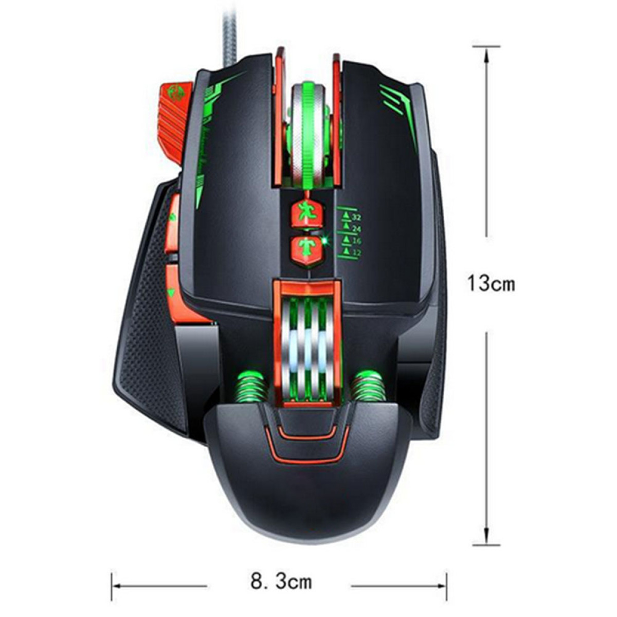Schwarze Gaming-Maus mit roten und grünen Akzenten. Abmessungen sind 8,3 cm x 13 cm.