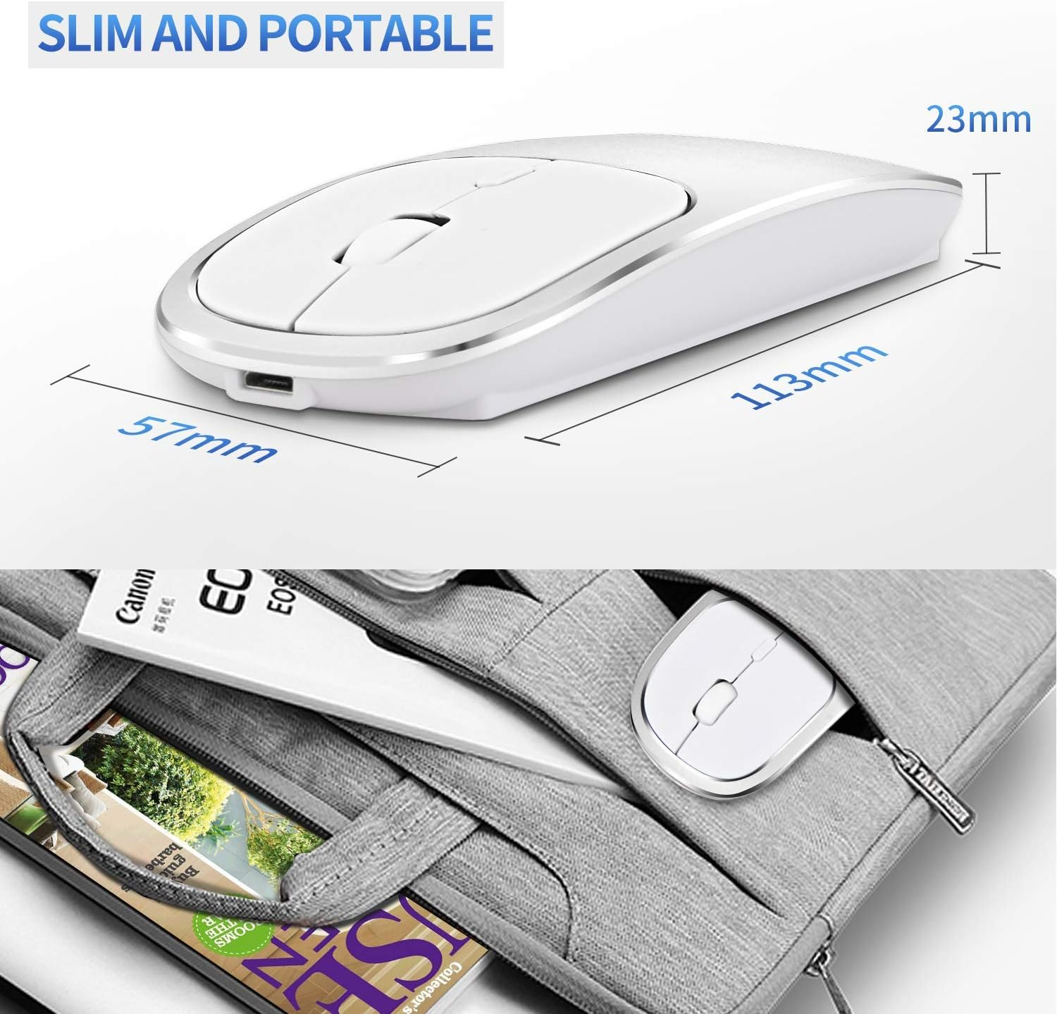 Weiße Maus und graue Laptoptasche mit Maßen.