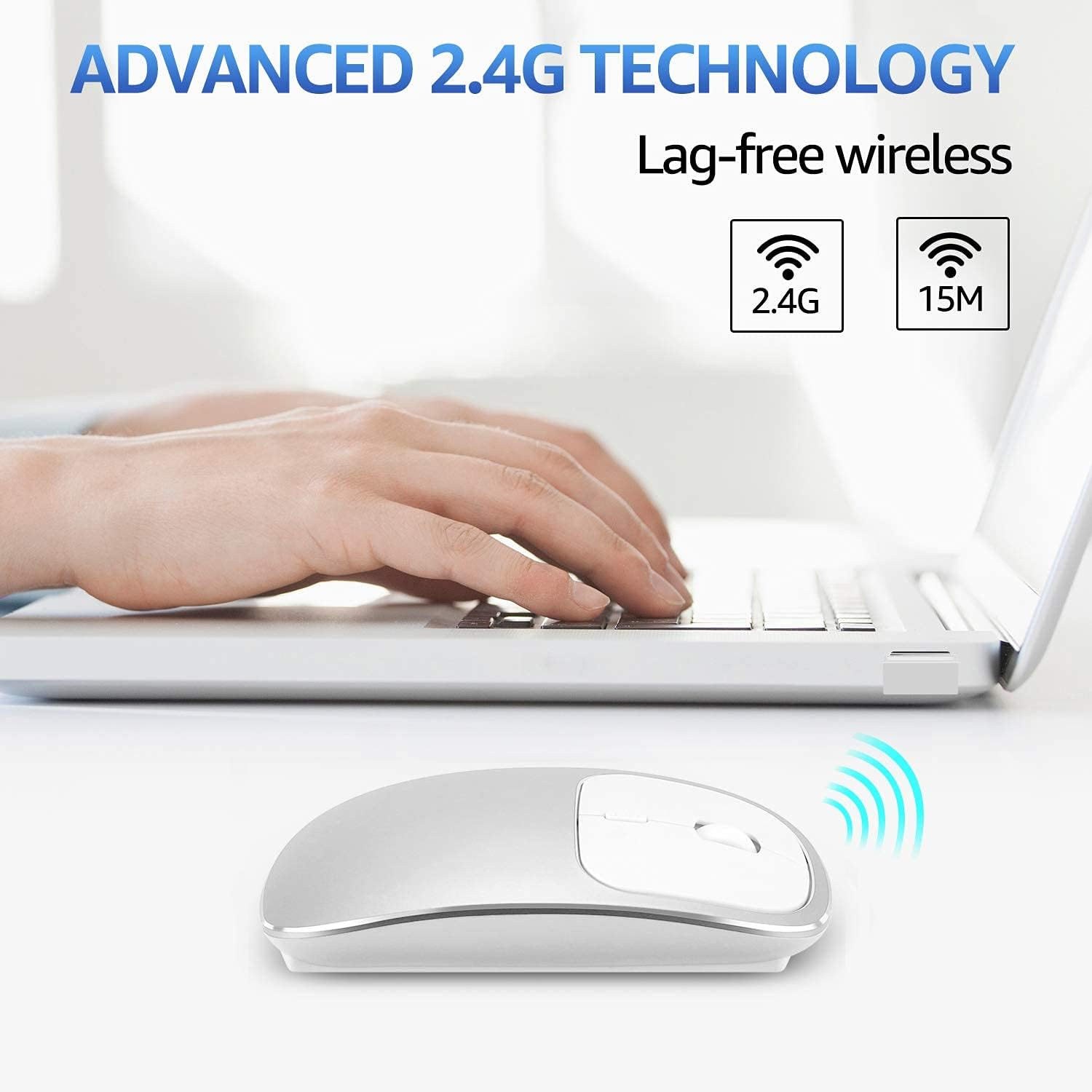 Drahtlose silberne Maus auf weißer Oberfläche. Text zeigt fortschrittliche 2,4G-Technologie und 15M Reichweite.