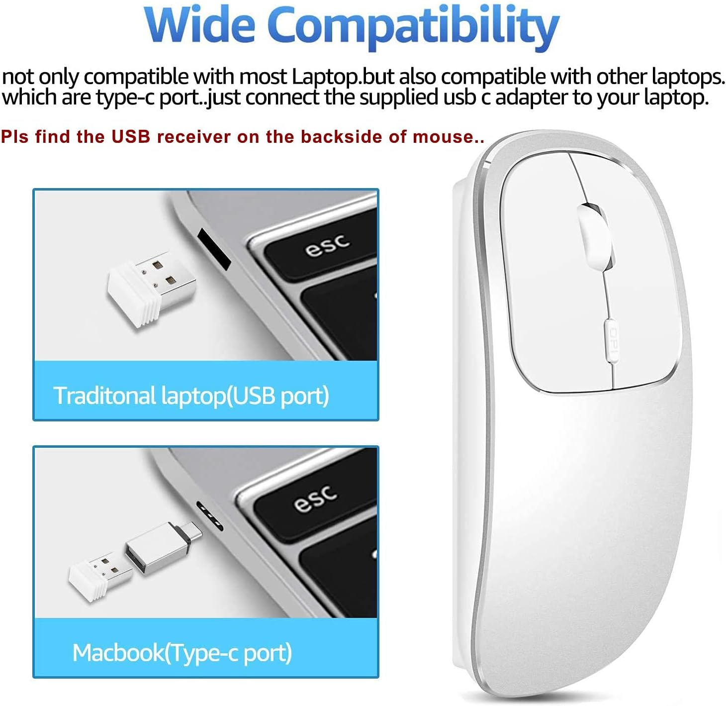 Eine weiße Maus mit USB-Empfänger und ein Laptop mit USB- und USB-C-Anschlüssen.