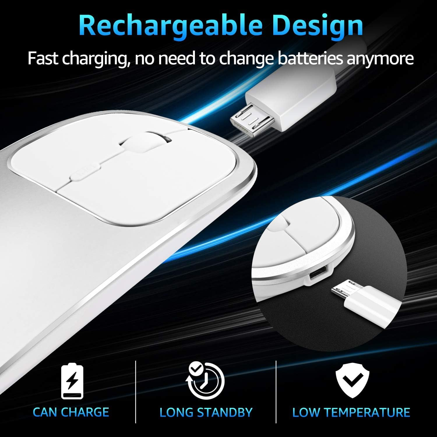 Weiße Maus mit USB-Anschluss. Sie hat ein weißes USB-Kabel. Hintergrund ist dunkelblau mit Text.