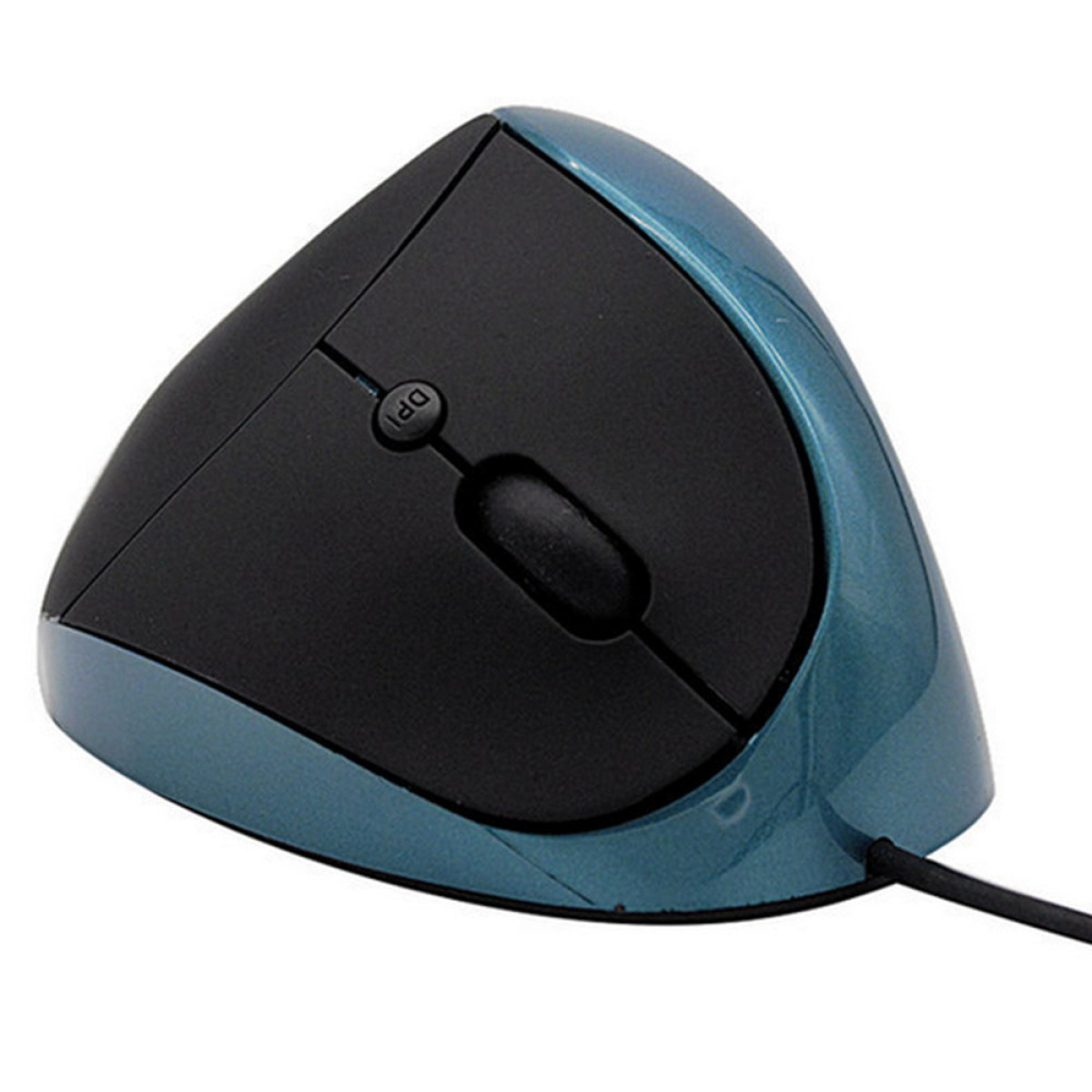 Blaue und schwarze ergonomische Maus mit DPI-Taste.