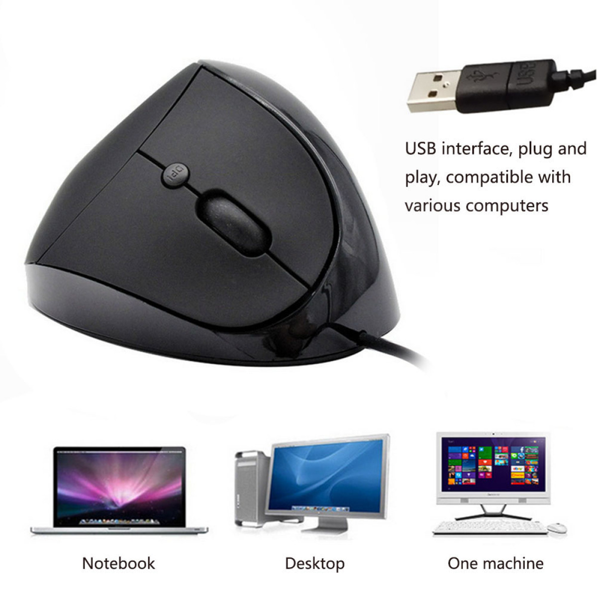 Schwarze ergonomische Maus mit USB. Text: USB-Schnittstelle, Plug-and-Play. Mit Laptop, Desktop und All-in-One.
