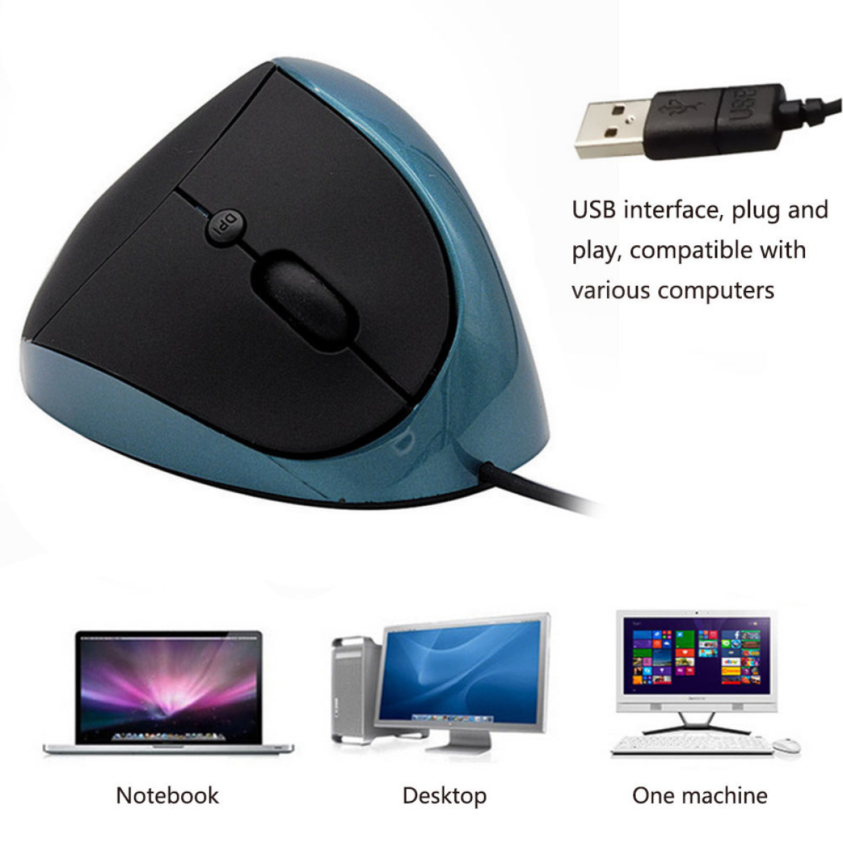 Ergonomische blaue und schwarze Maus mit USB-Kabel und Bilder von Computern.