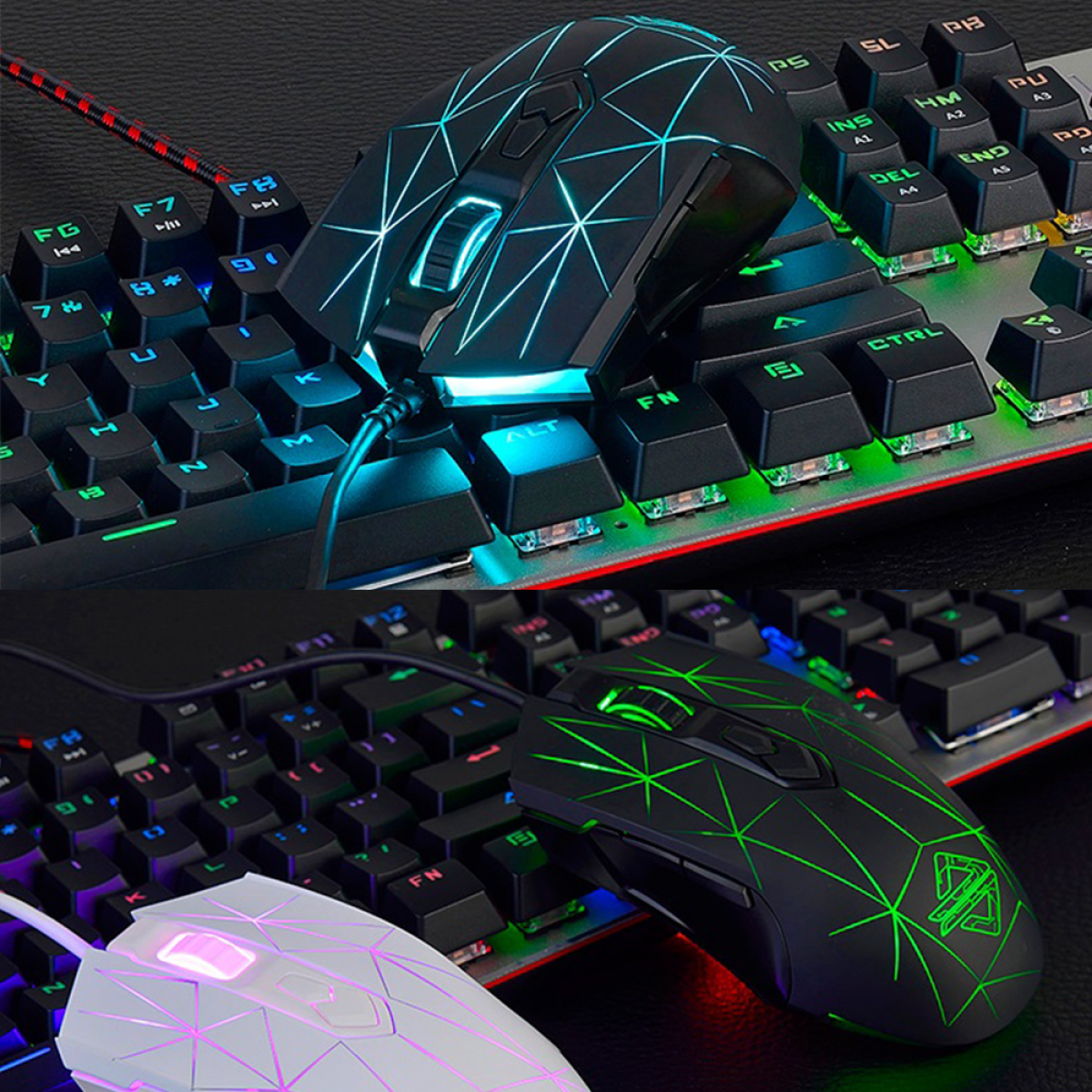 Zwei Gaming-Mäuse auf einer Tastatur. Eine ist weiß mit blauen Lichtern, die andere schwarz mit grünen Lichtern. Tastatur.