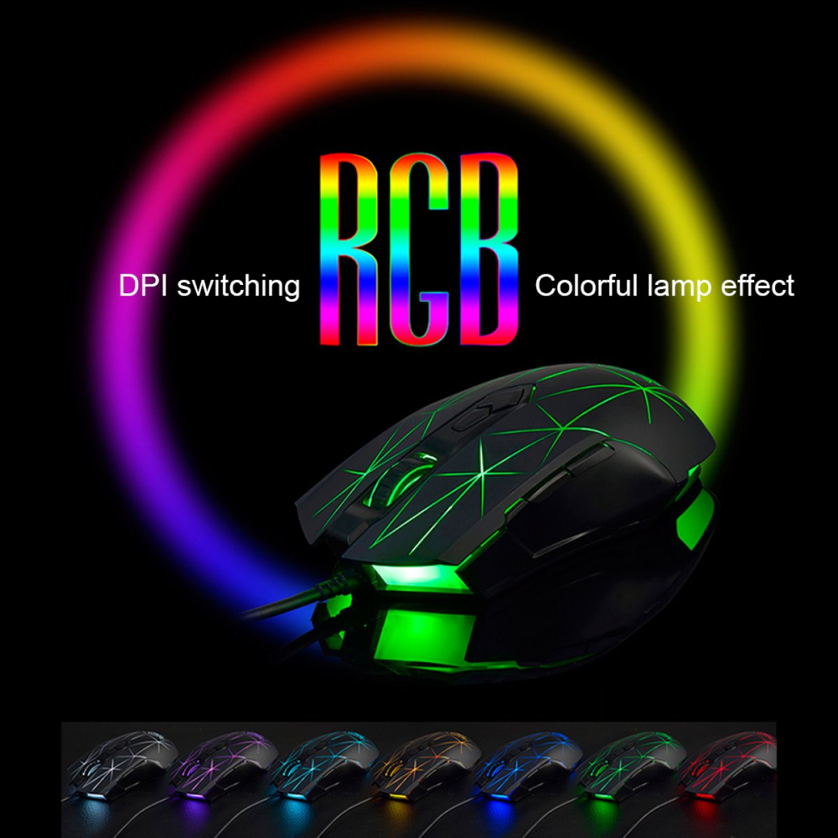 Schwarze Gaming-Maus mit RGB-Beleuchtung. Maus hat ein Kabel und mehrere Tasten. Regenbogen-Lichteffekt.