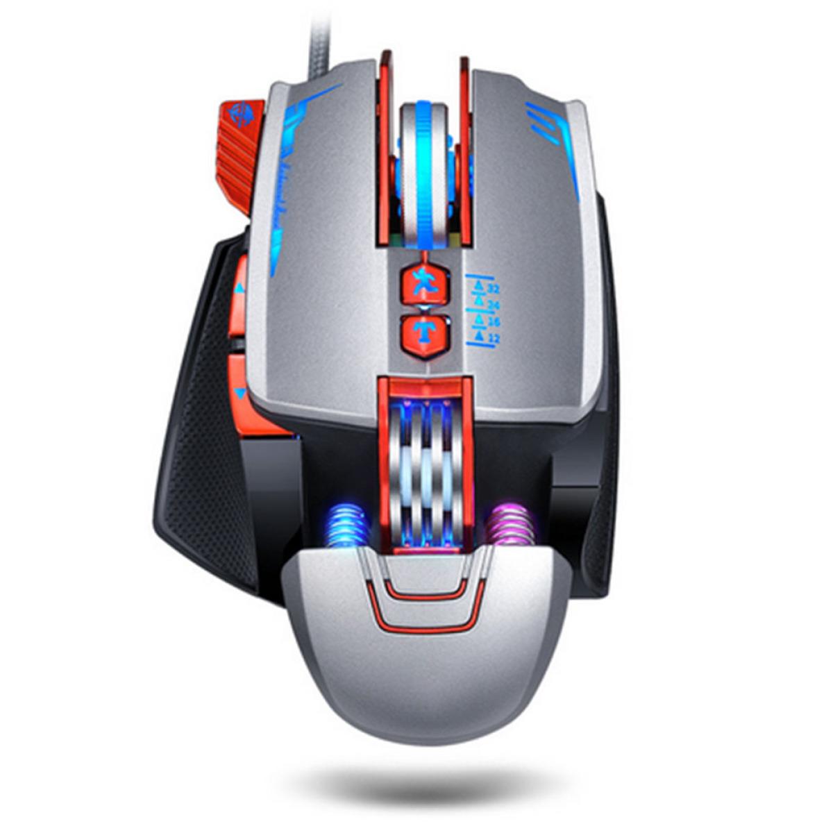 Eine silber-schwarze Gaming-Maus mit roten Akzenten und blauem Licht. Sie hat mehrere Tasten und ein Scrollrad.