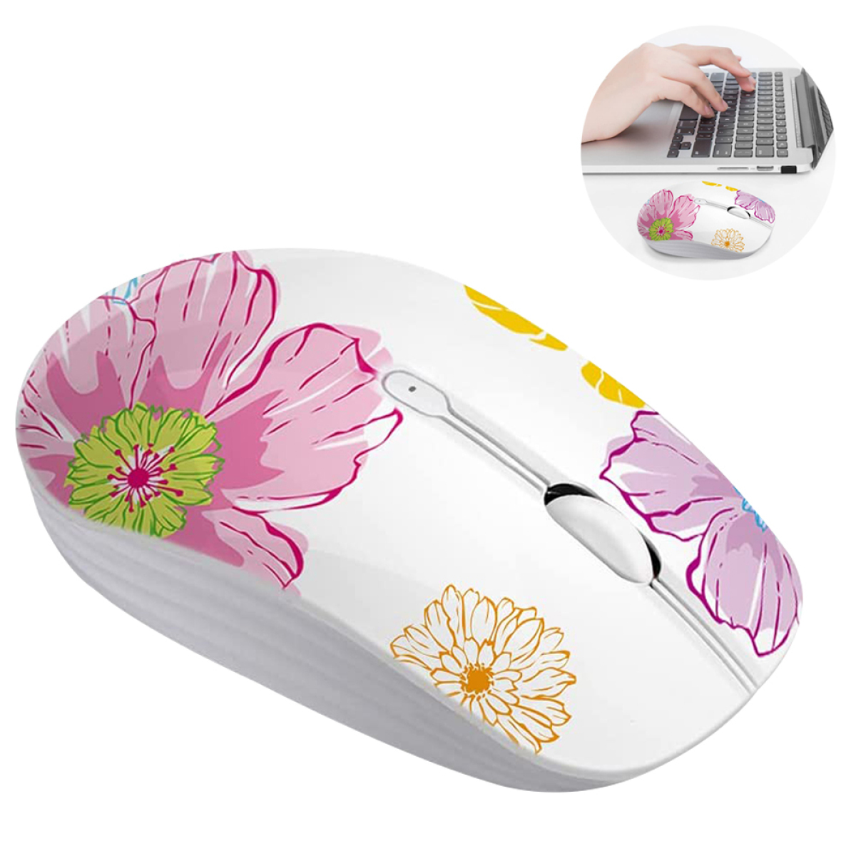 Weiße Maus mit floralem Design, rosa und gelbe Blumen, und eine Hand, die sie benutzt.