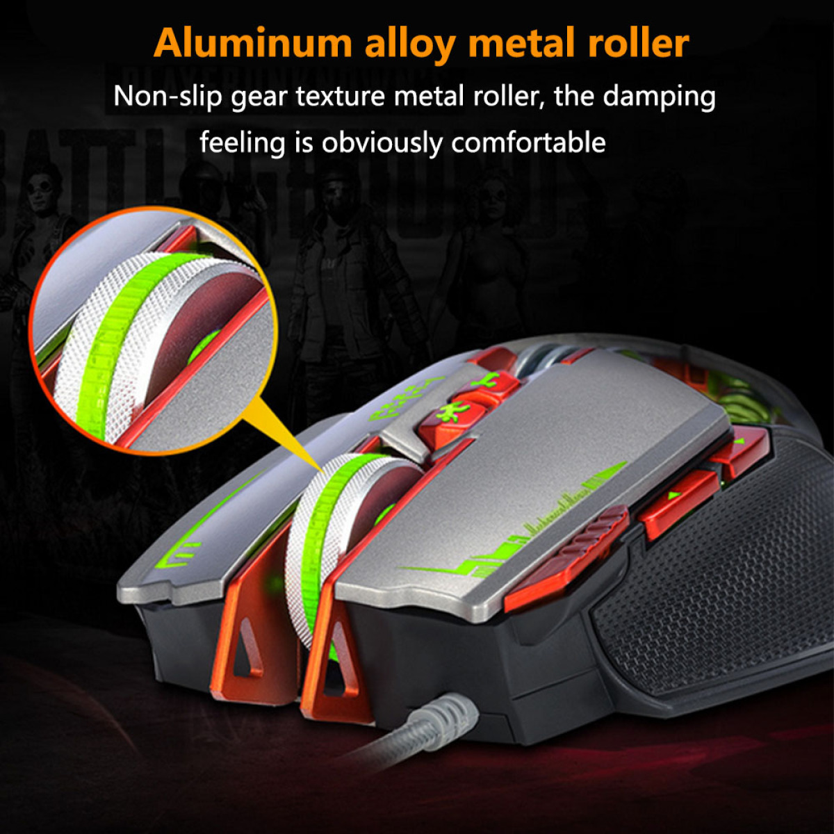 Nahaufnahme einer Gaming-Maus. Die Metallrolle ist grün und weiß, die Maus hat orangefarbene Akzente.