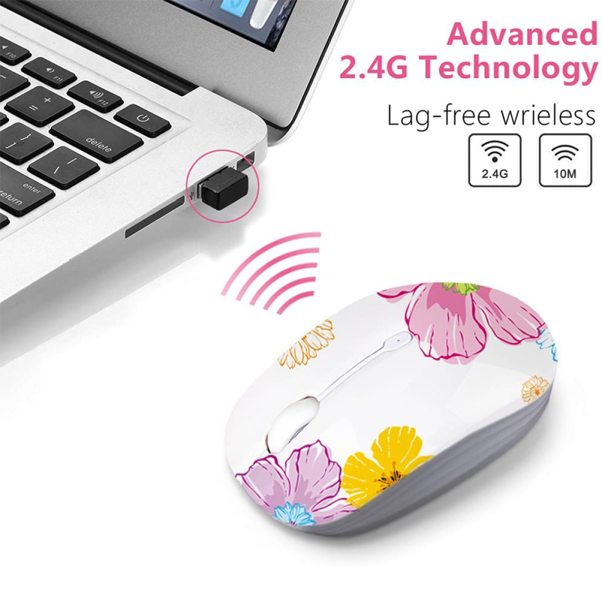 Eine weiße Maus mit Blumendesign, ein USB-Empfänger und ein Laptop mit Text auf dem Bildschirm.