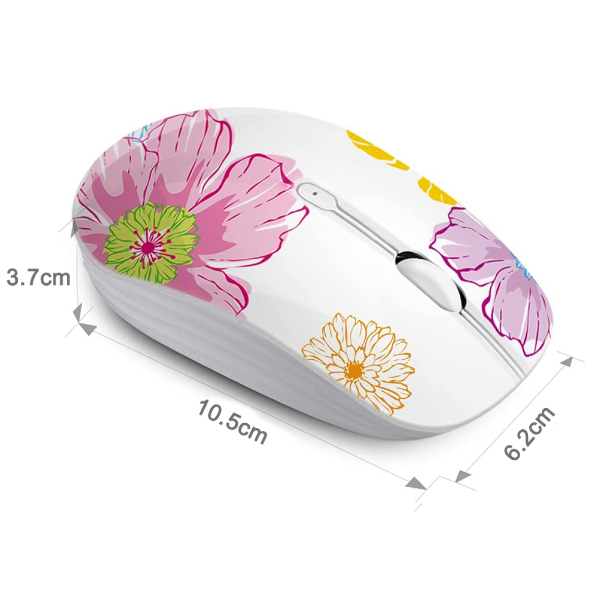 Weiße kabellose Maus mit floralem Design. Abmessungen werden angezeigt. Weißer Hintergrund.