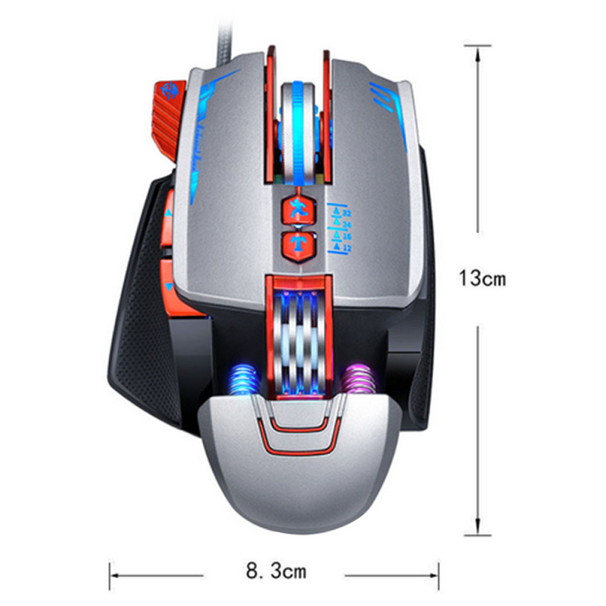 Eine Gaming-Maus mit mehreren Tasten und Lichtern, Abmessungen 13 cm x 8,3 cm.