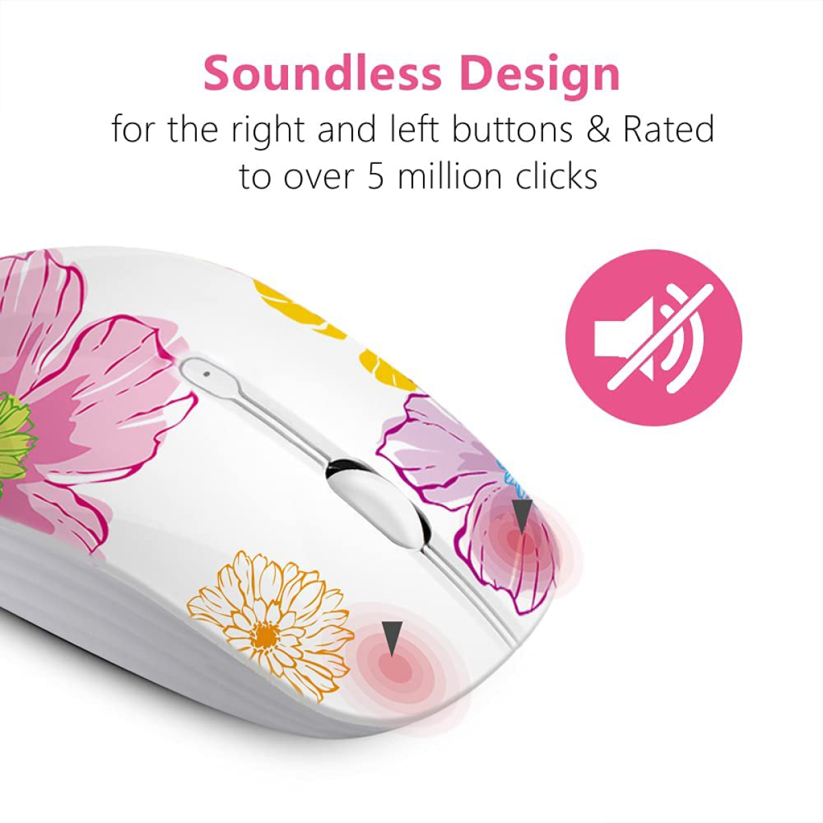 Weiße kabellose Maus mit floralem Design, geräuschlosem Design und einem Lautsprechersymbol.