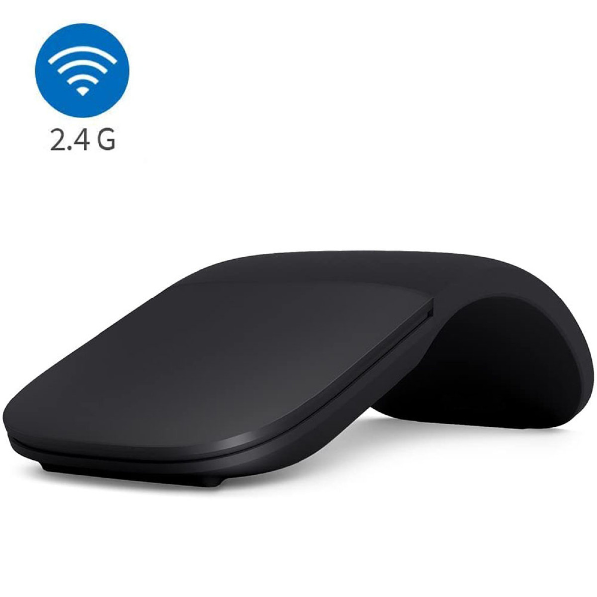 Eine schwarze, kabellose Maus mit geschwungenem Design und blauem Funksymbol ist zu sehen.