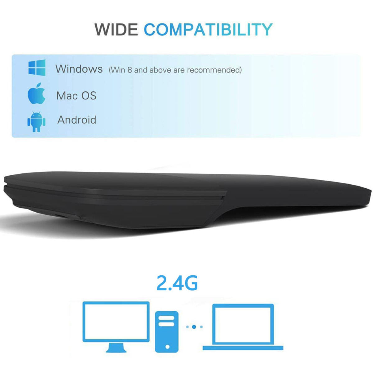 Schwarze Maus mit großer Kompatibilität, mit Symbolen für Windows, Mac und Android-Plattformen.