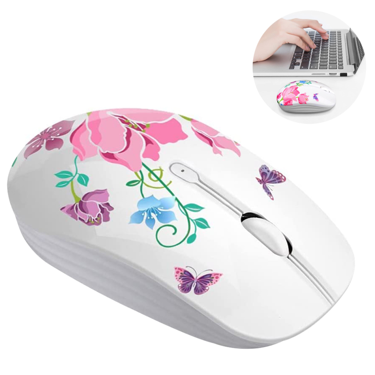Weiße Maus mit Blumendesign und Schmetterlingen. Eine Hand benutzt die Maus auf einem Laptop.