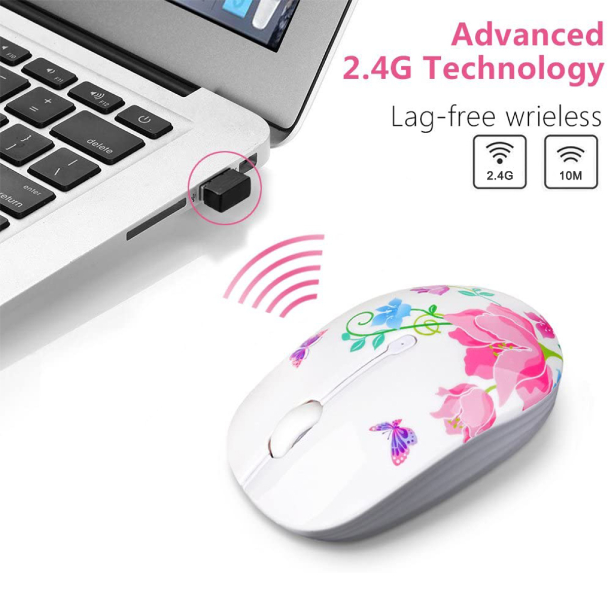 Eine weiße kabellose Maus mit Blumendesigns, einem schwarzen USB-Empfänger und Text: Advanced 2.4G Technology.