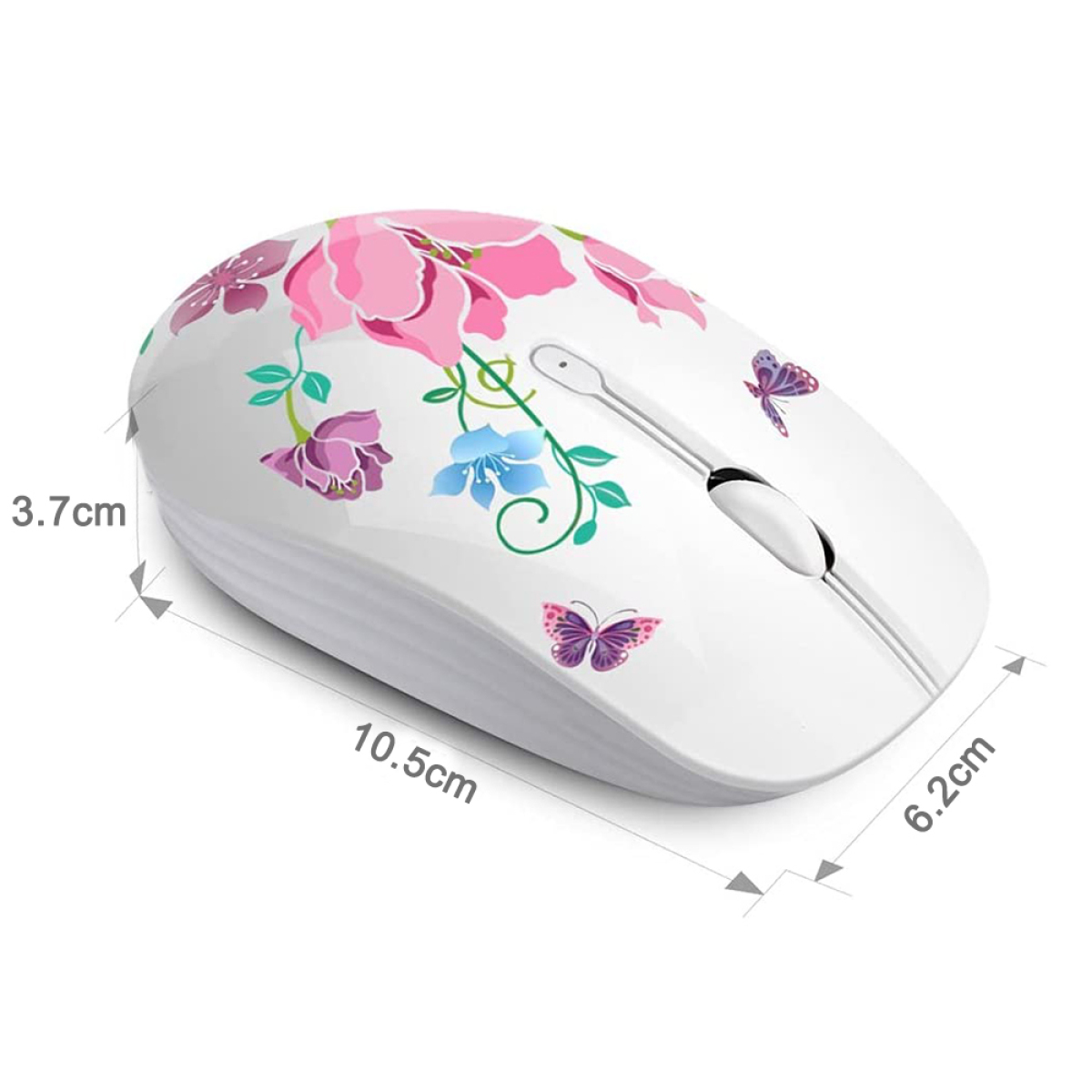 Weiße kabellose Maus mit rosa Blumendesign und Schmetterlingen.