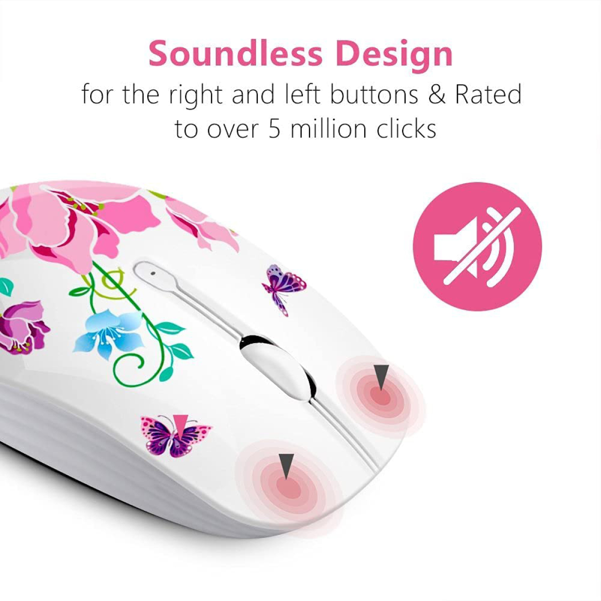 Weiße Maus mit Blumendesign. Text: Soundless Design. Zwei rot markierte Klickpunkte.