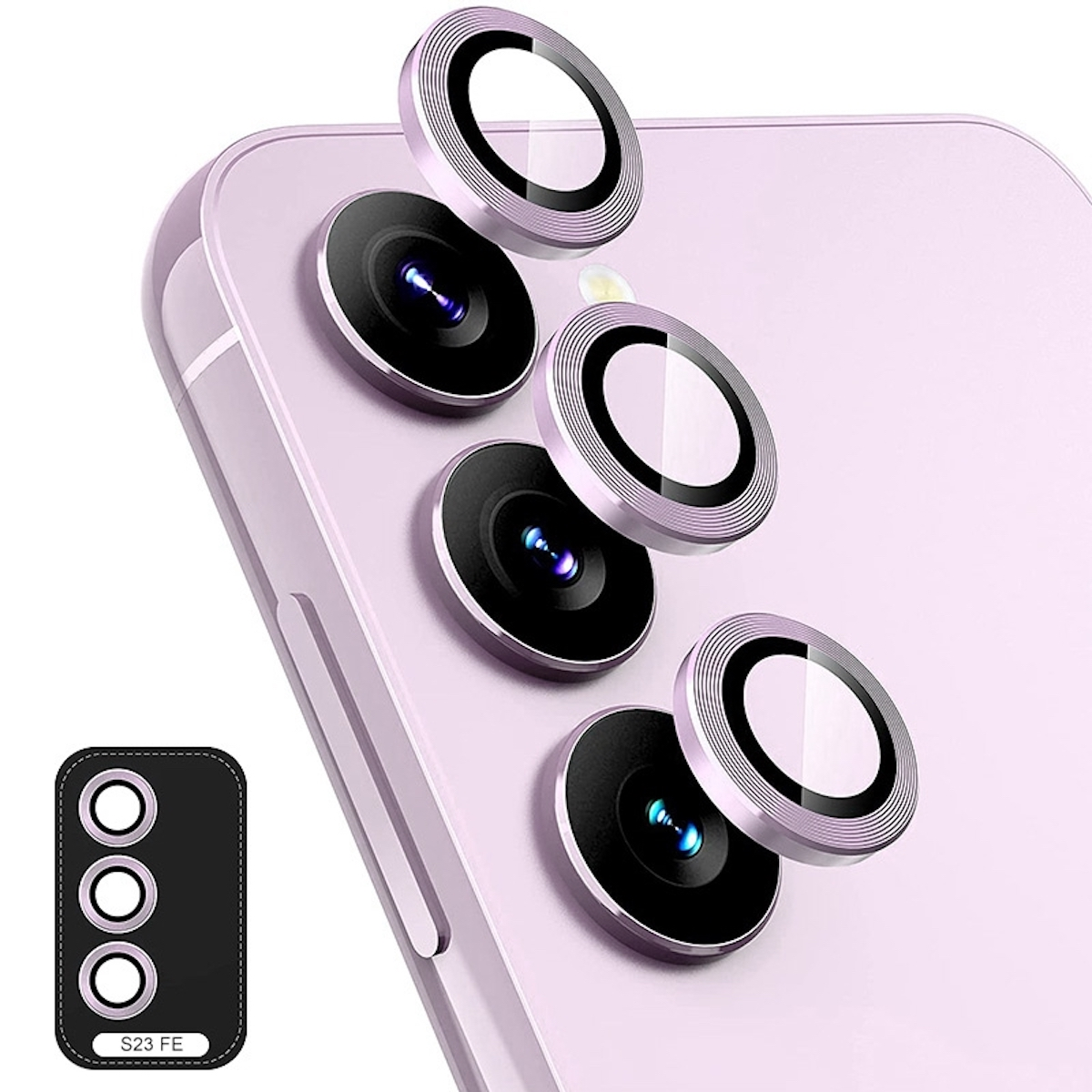 Il retro di un telefono con lenti e coperture della fotocamera, su sfondo bianco. Lenti argentate.