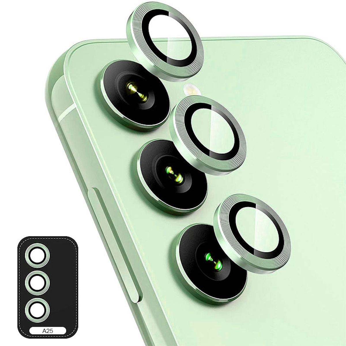 Protezioni per lenti della fotocamera e un telefono. Telefono verde con protezioni nere. Sfondo bianco.