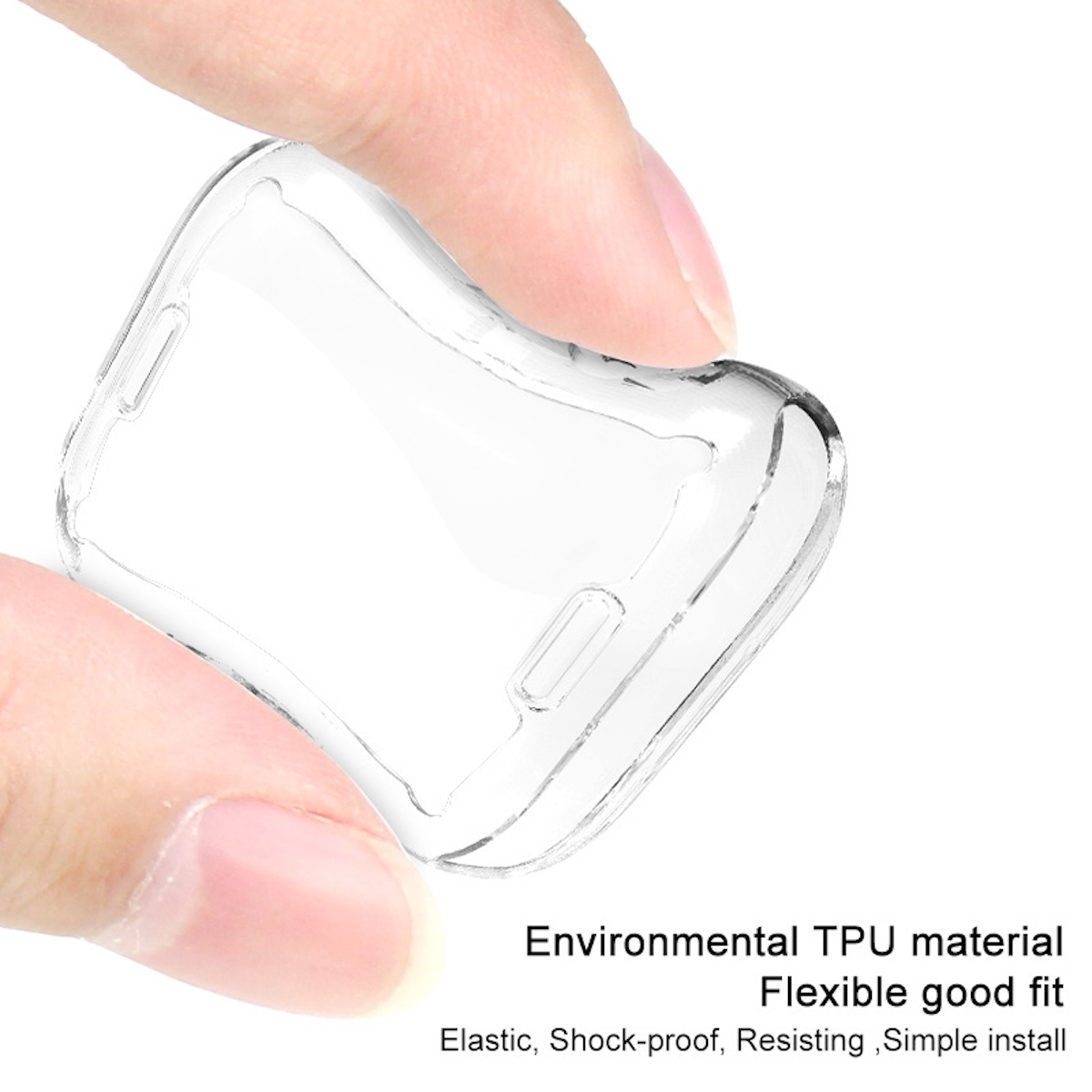 Eine transparente Handyhülle, die von einer Hand gehalten wird, Flexibilität zeigend, Nahaufnahme.