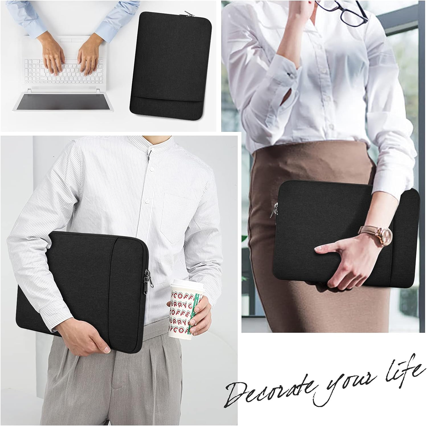 Collage von Personen, die eine schwarze Laptoptasche halten. Weißer Hintergrund. Schwarze Hülle.
