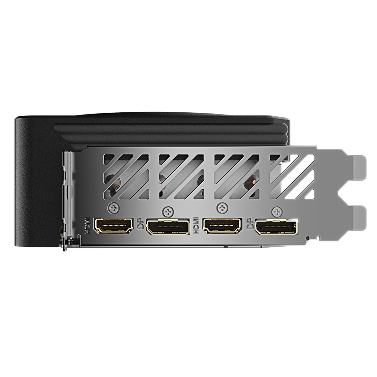 Primer plano de una tarjeta gráfica con múltiples puertos. Puertos etiquetados HDMI y DP. Diseño negro y plateado.