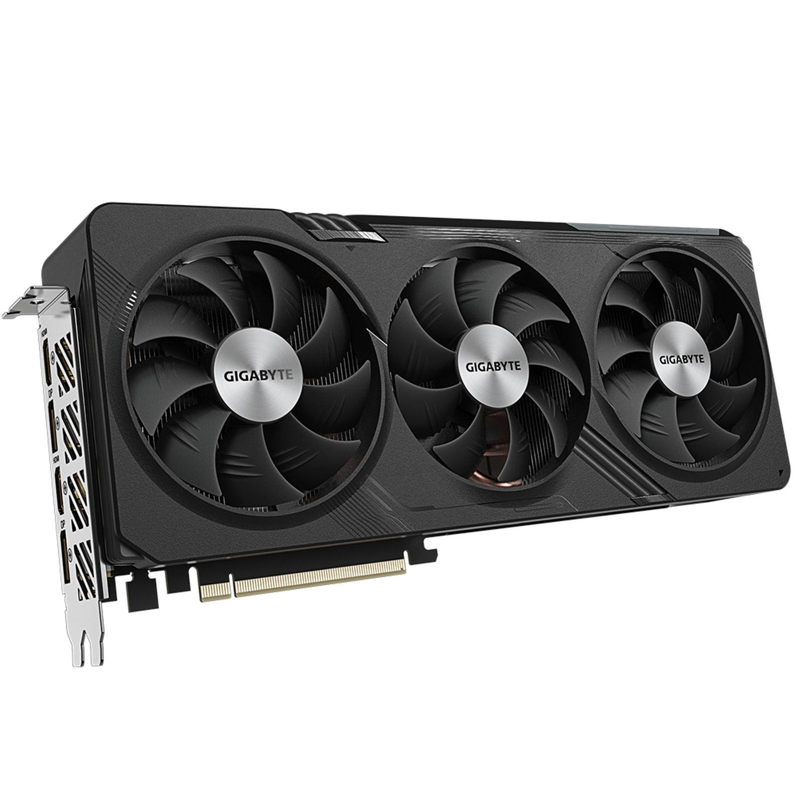 Tarjeta gráfica Gigabyte negra, vista frontal, con ventiladores. Fondo blanco.