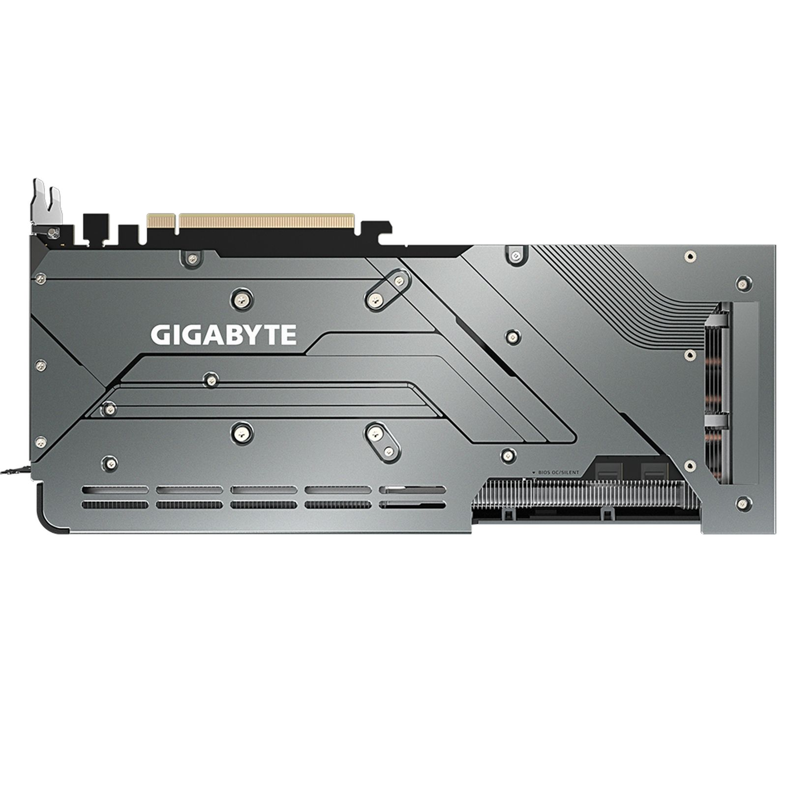 Grafikkarte mit GIGABYTE-Logo auf der Rückseite, graue Farbe.